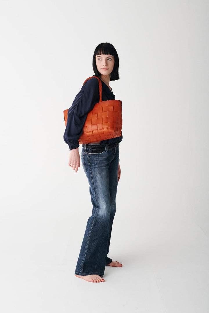 Dragon Diffusion woven leather bag handmade - Japan Tote w/ woven handles Orange 